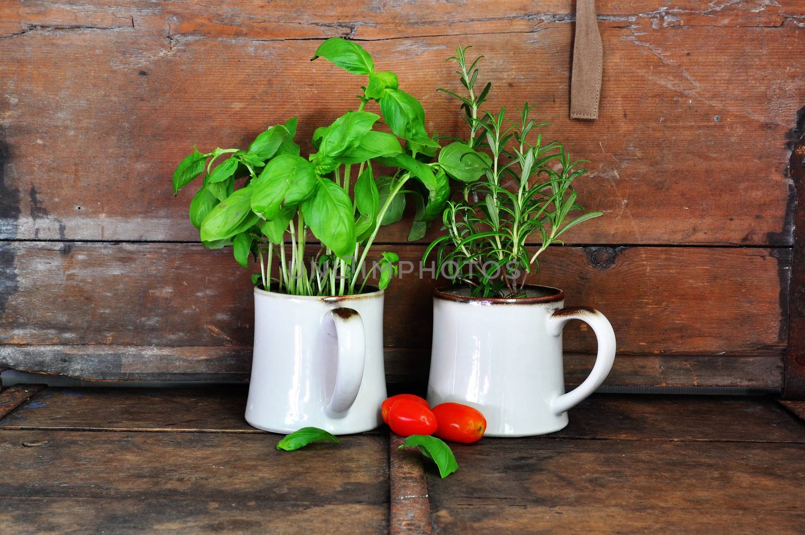 Herbs and tomatoes in rustic kitchen