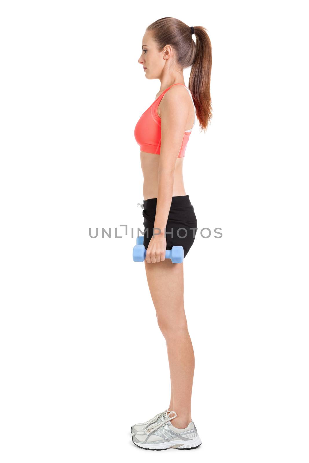 athletic young woman doing workout with physio tape latex tape isolated on white