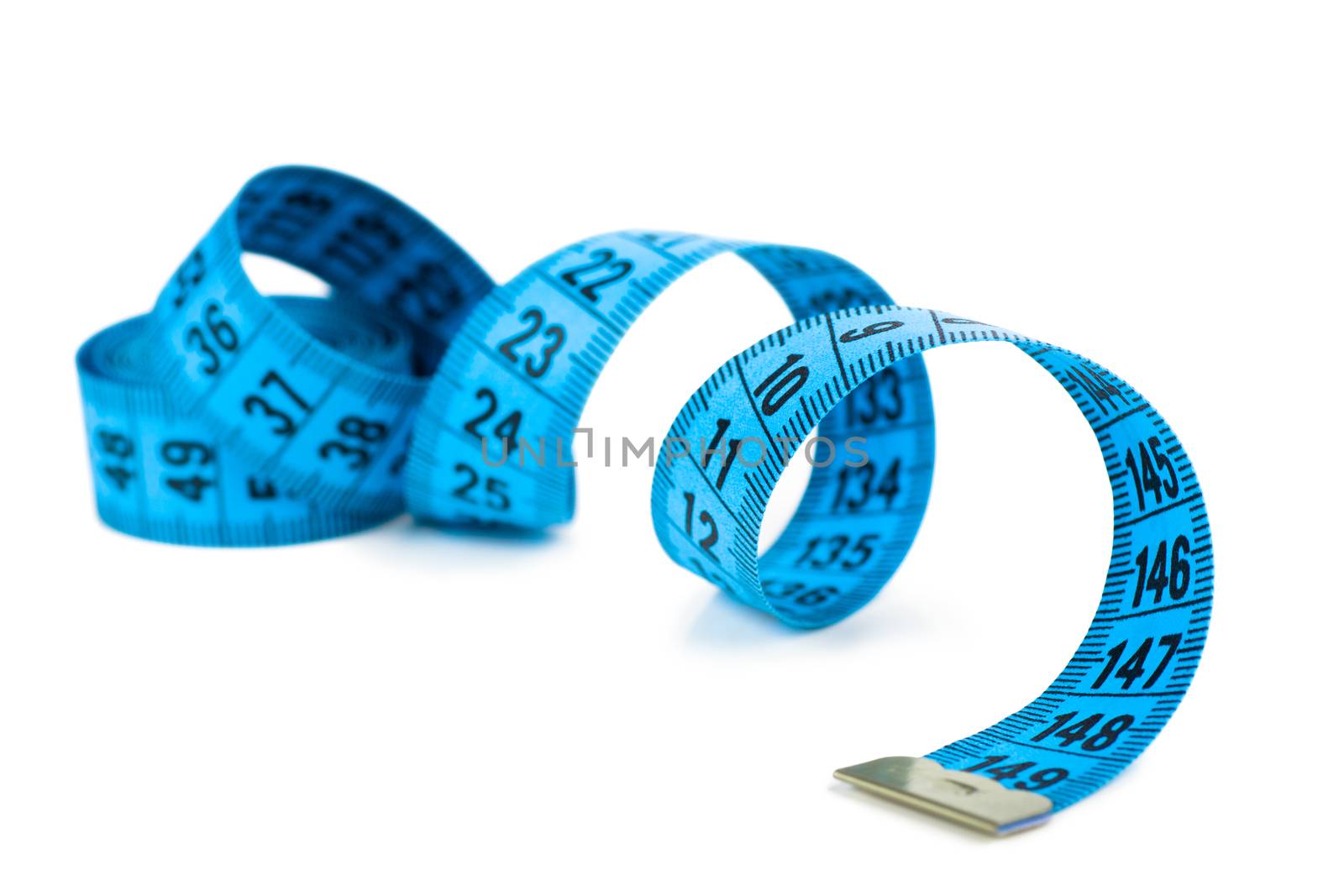 Closeup view of blue measuring tape isolated over white background
