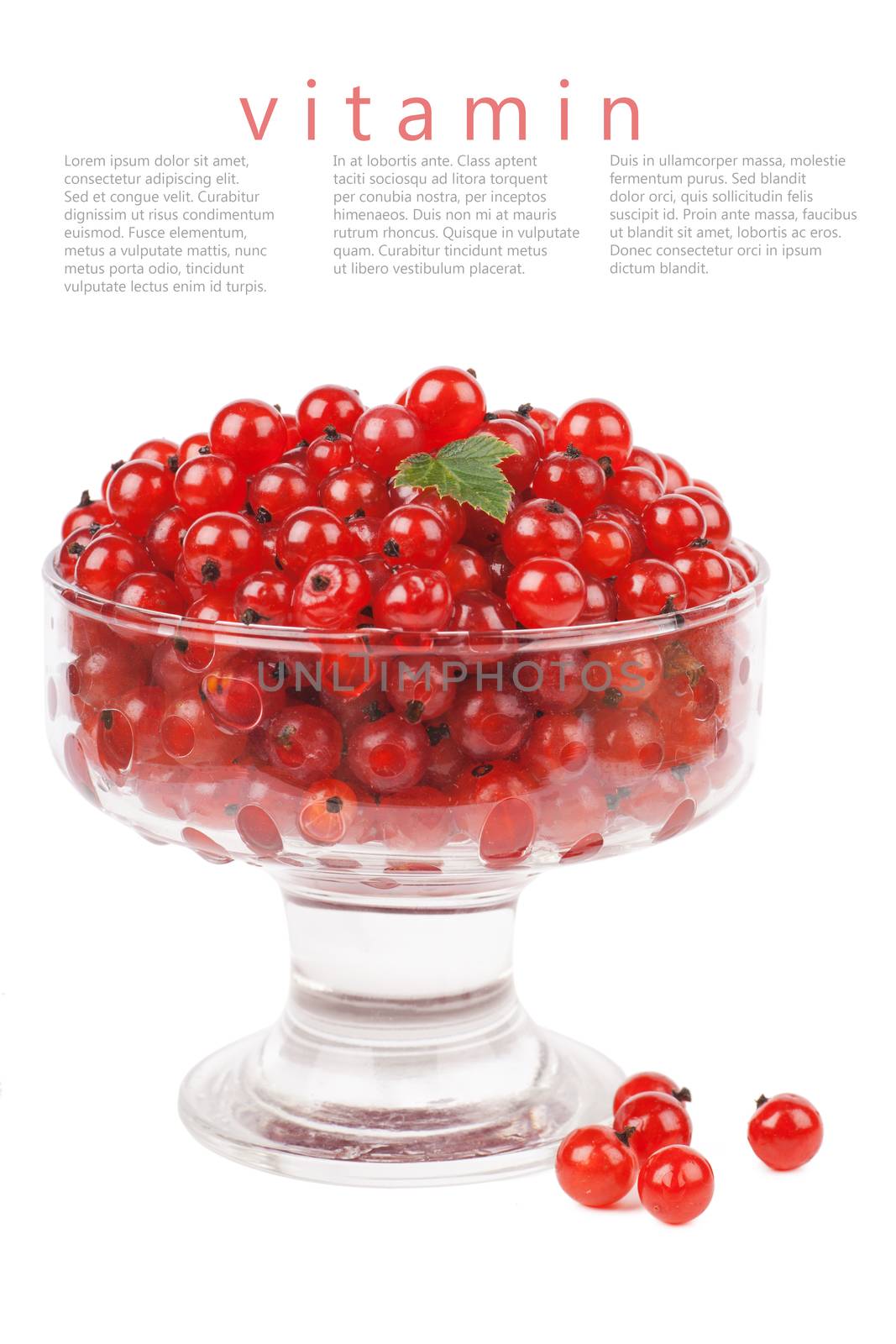 Red currants with green leaf in a bowl isolated over white background