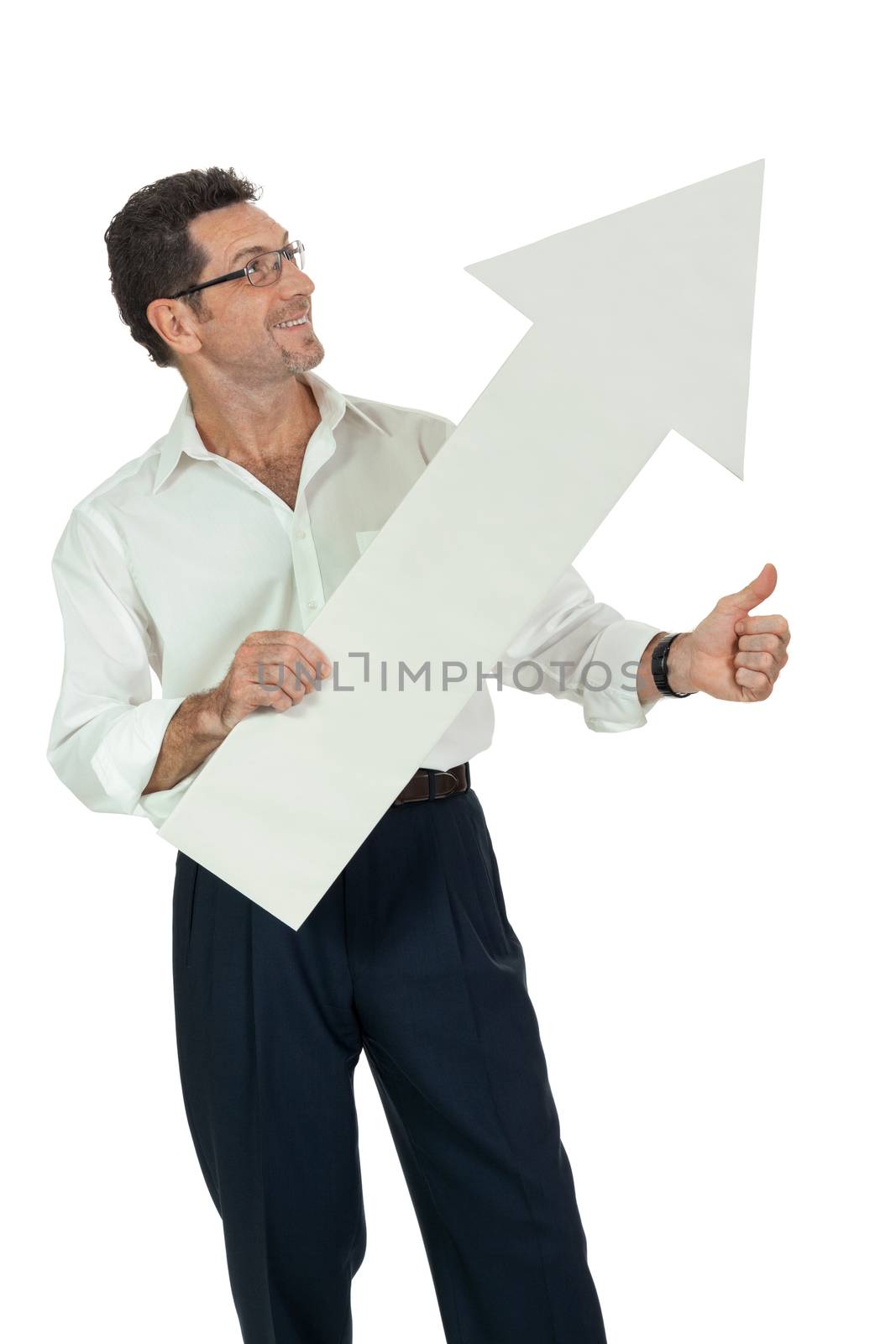 mature smiling businessman holding billboard copyspace isolated on white