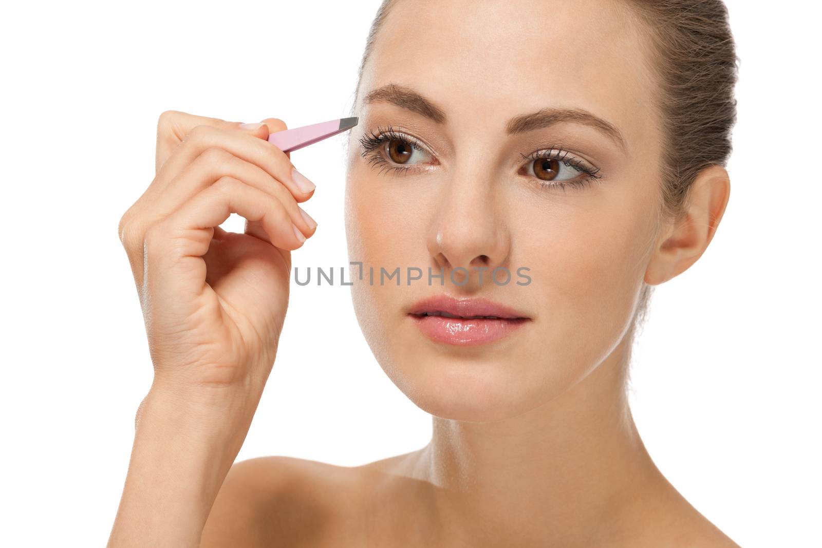 beautiful young woman and eyebrow tweezers isolated on white