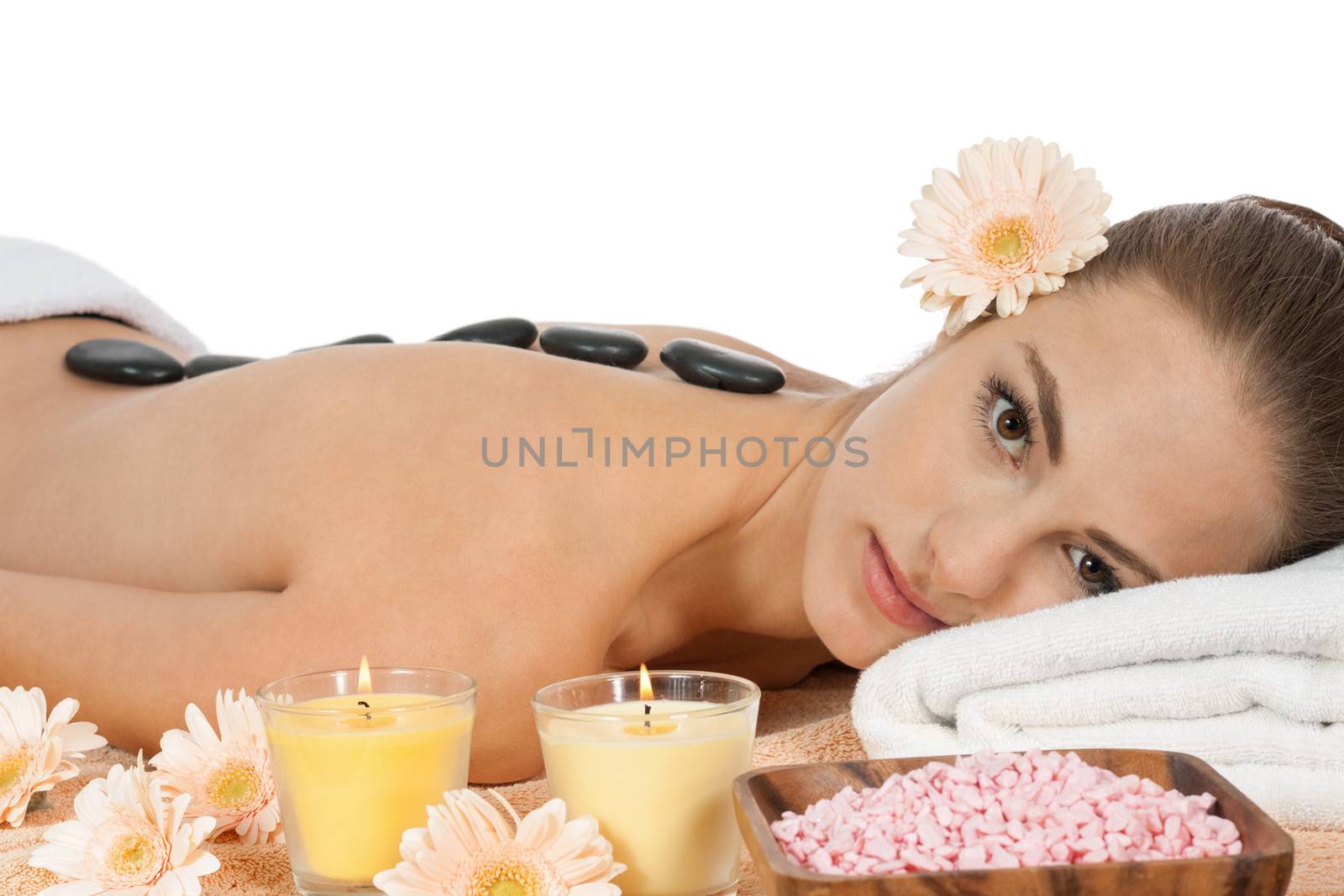 attractive helathy caucasian woman hot stone massage wellness  spa therapy