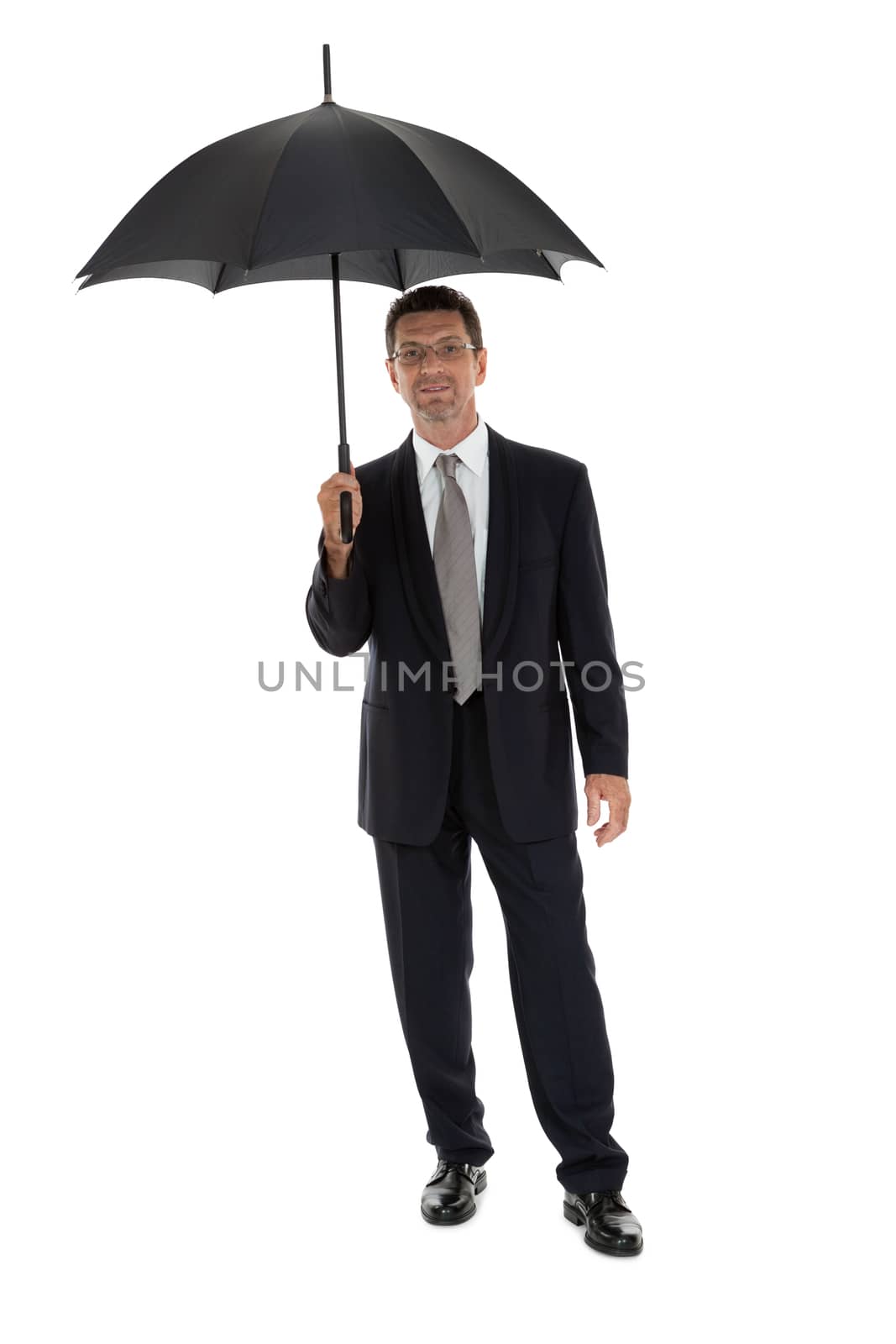 mature attractive business man with umbrella isolated on white