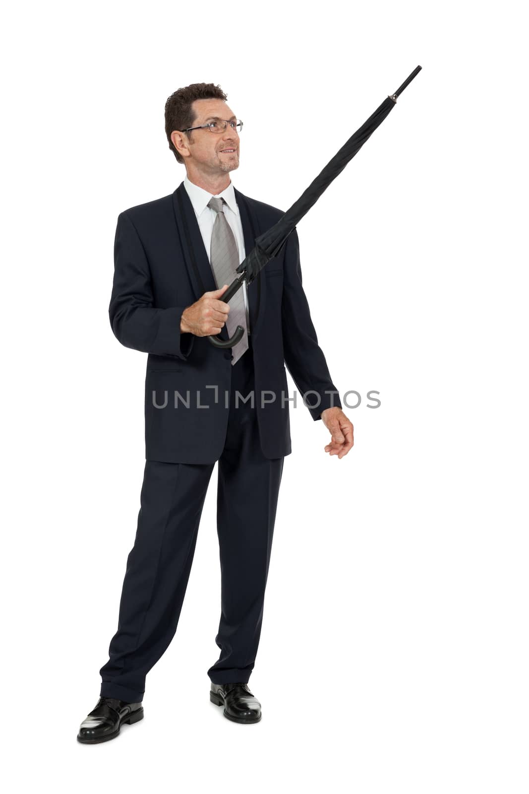 mature attractive business man with umbrella isolated on white