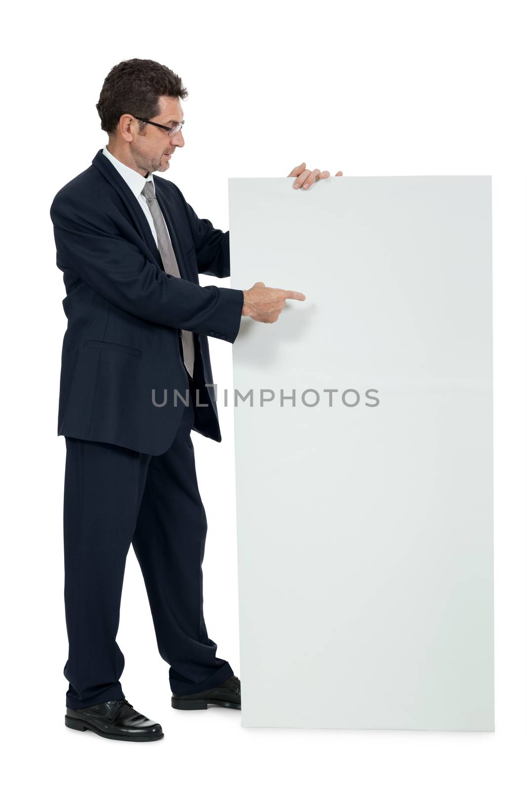 mature smiling businessman holding billboard copyspace isolated on white