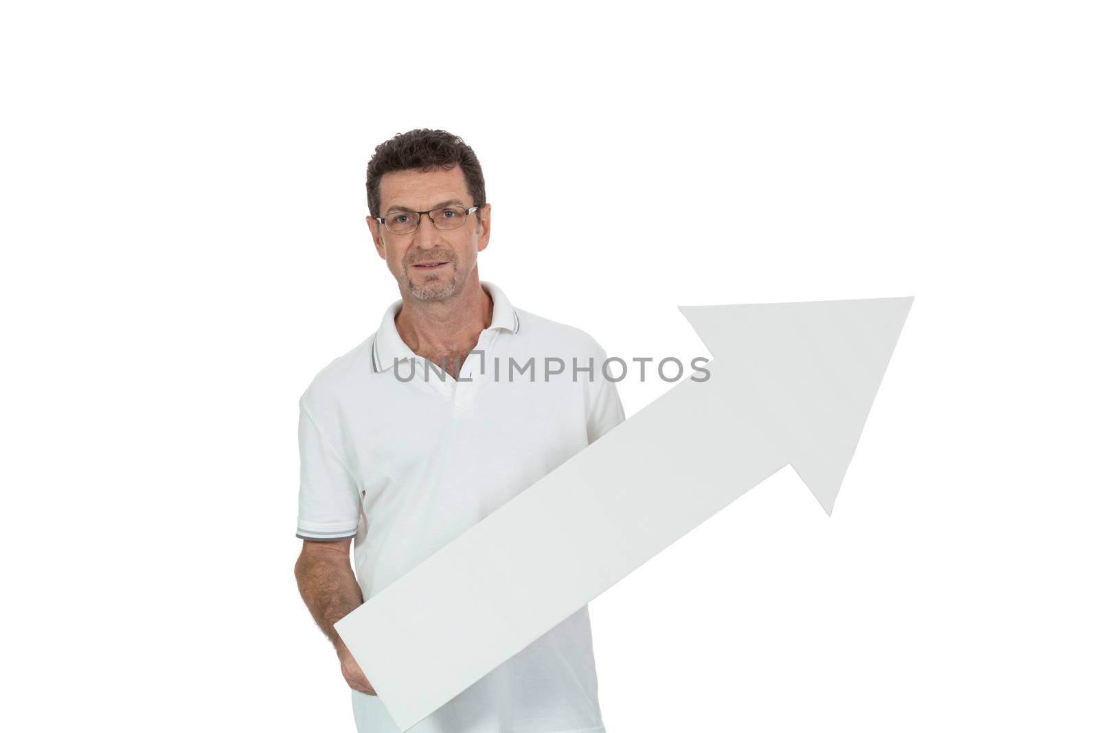 mature smiling businessman holding billboard copyspace isolated on white