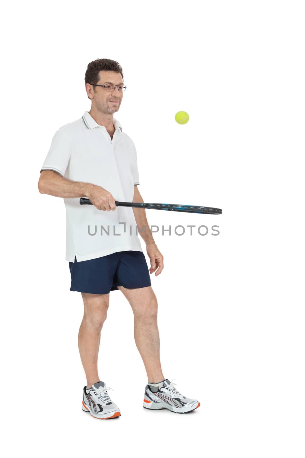 smiling adult tennis player with racket in sportswear  isolated on white