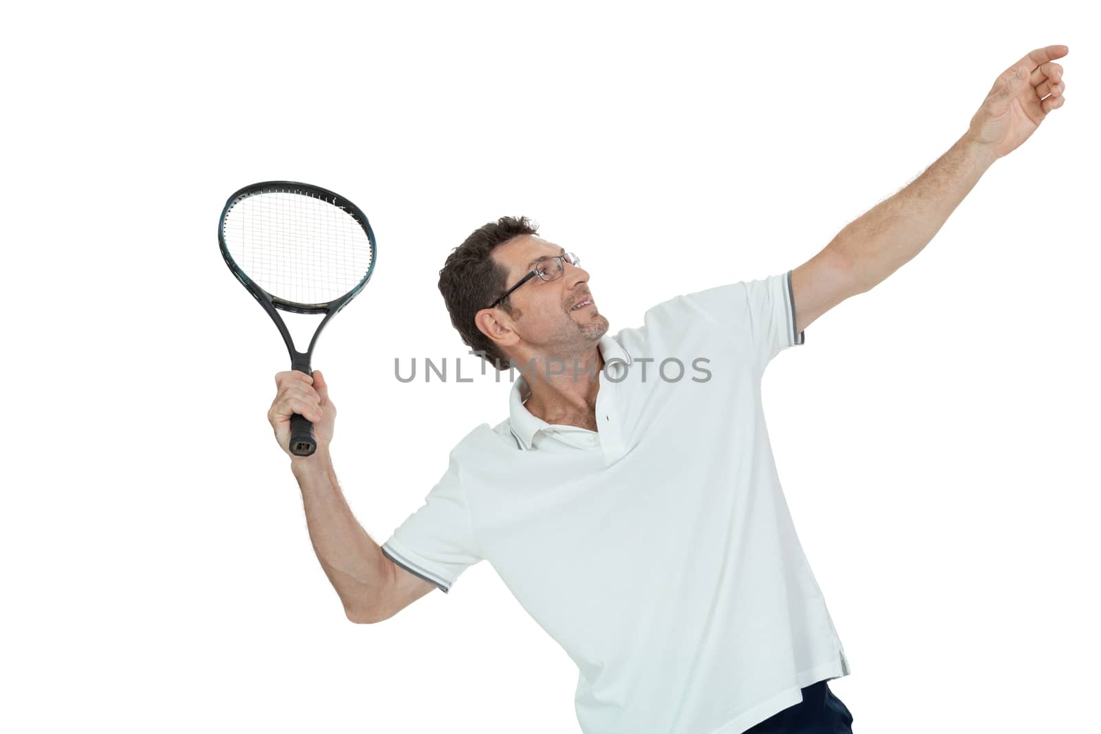 smiling adult tennis player with racket in sportswear  isolated on white