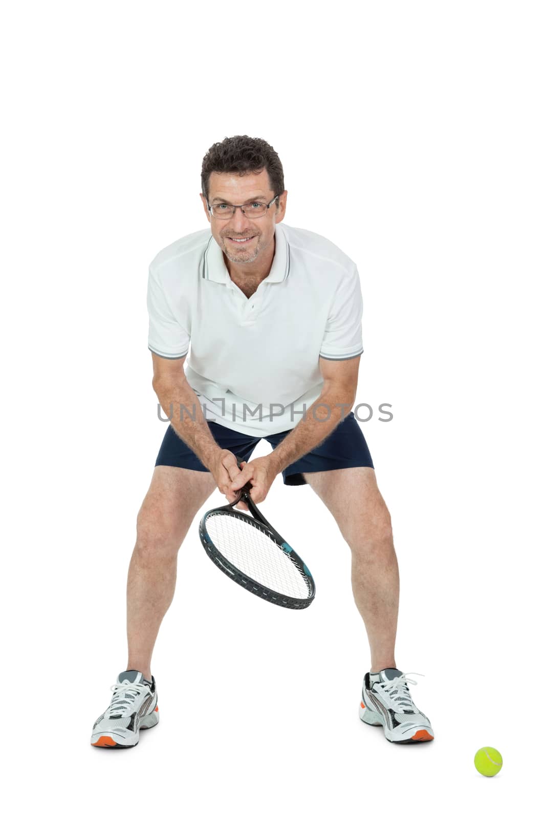 smiling adult tennis player with racket in sportswear  isolated on white
