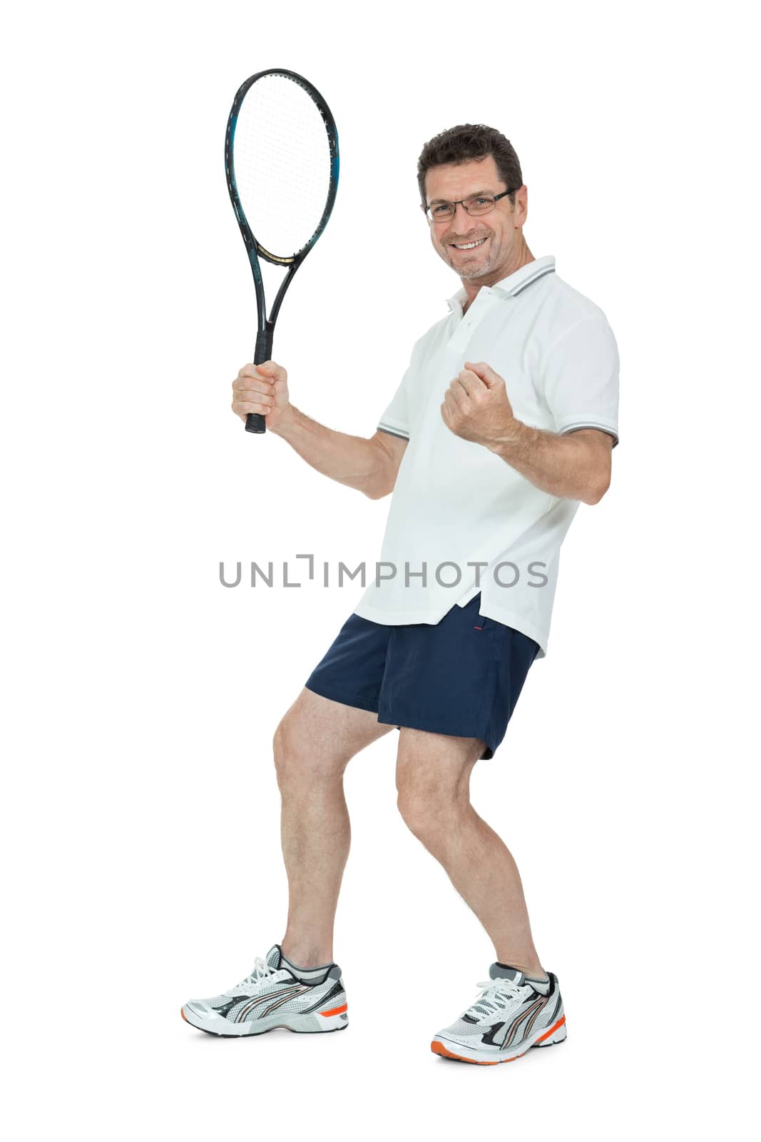 smiling adult tennis player with racket in sportswear  isolated on white