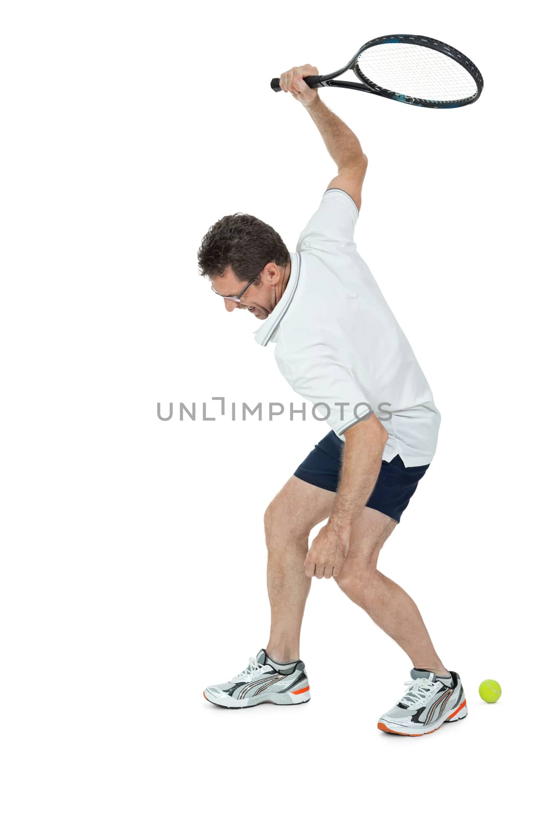 smiling adult tennis player with racket in sportswear  isolated on white