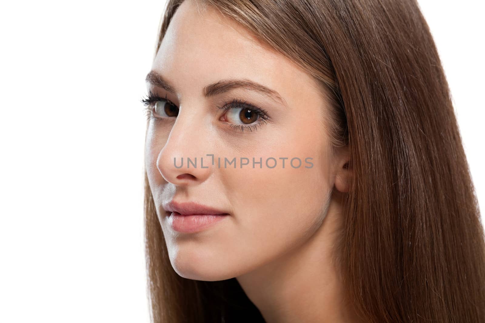 beautiful bruntte woman with straight long hair isolated on white background 