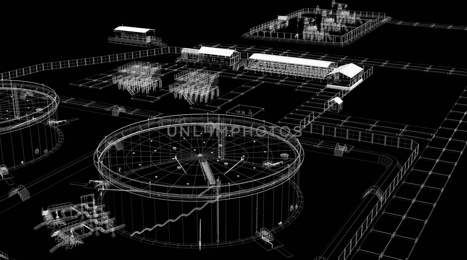 Abstract industrial archticture. Wire-frame render on black background