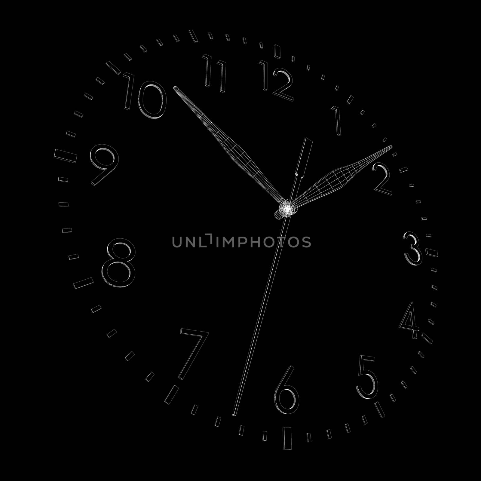 Clock face. Isolated wire-frame render on a black background