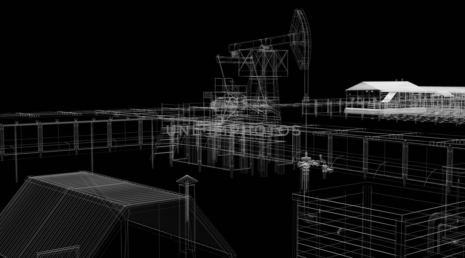 Abstract industrial archticture. Wire-frame render on black background