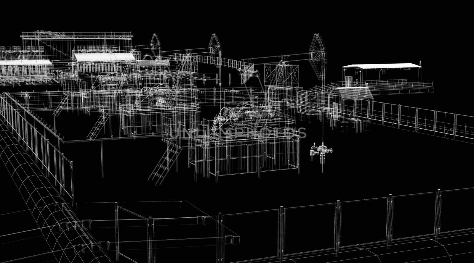 Abstract industrial archticture. Wire-frame render on black background