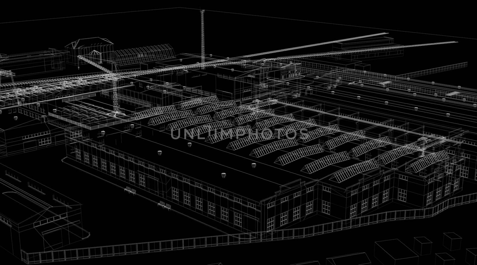 Industrial abstract architecture. Wire-frame isolated render on black background