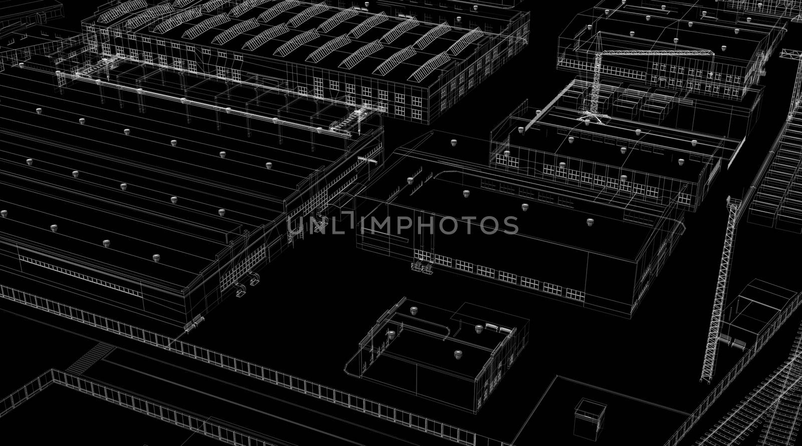 Industrial abstract architecture. Wire-frame isolated render on black background