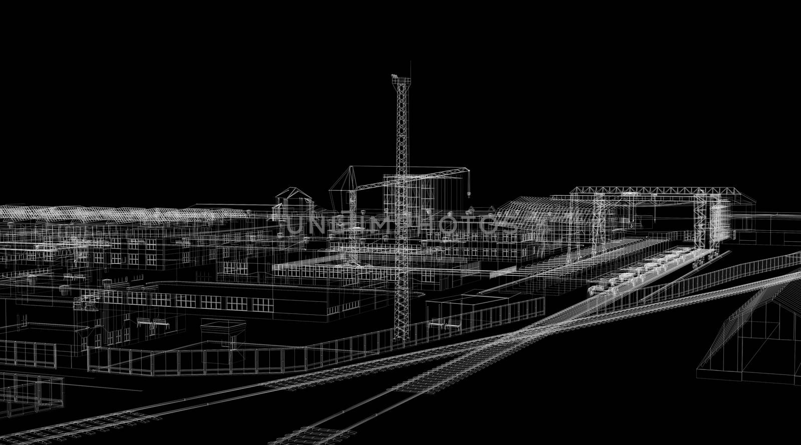 Industrial abstract architecture. Wire-frame isolated render on black background