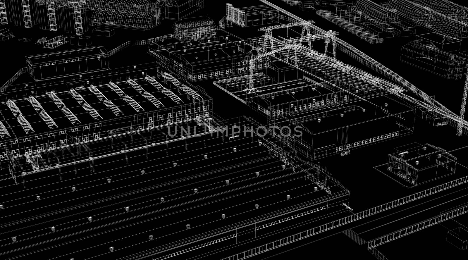 Industrial abstract architecture. Wire-frame isolated render on black background