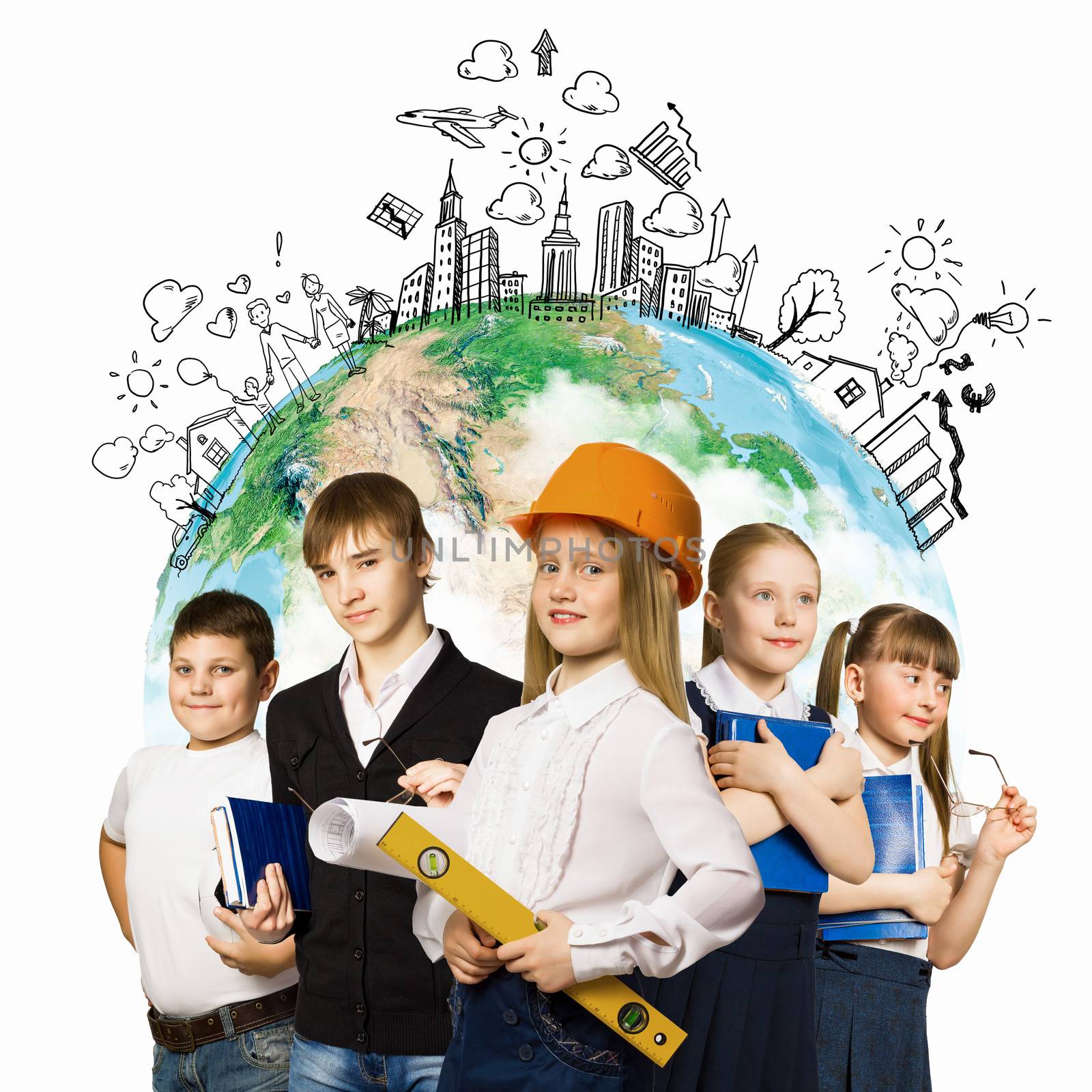 Image of kids of school age. Choosing profession. Elements of this image are furnished by NASA