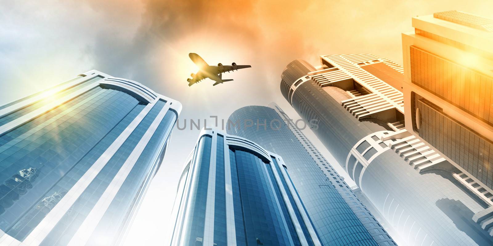 Plane flying above skyscrapers. Business travel concept