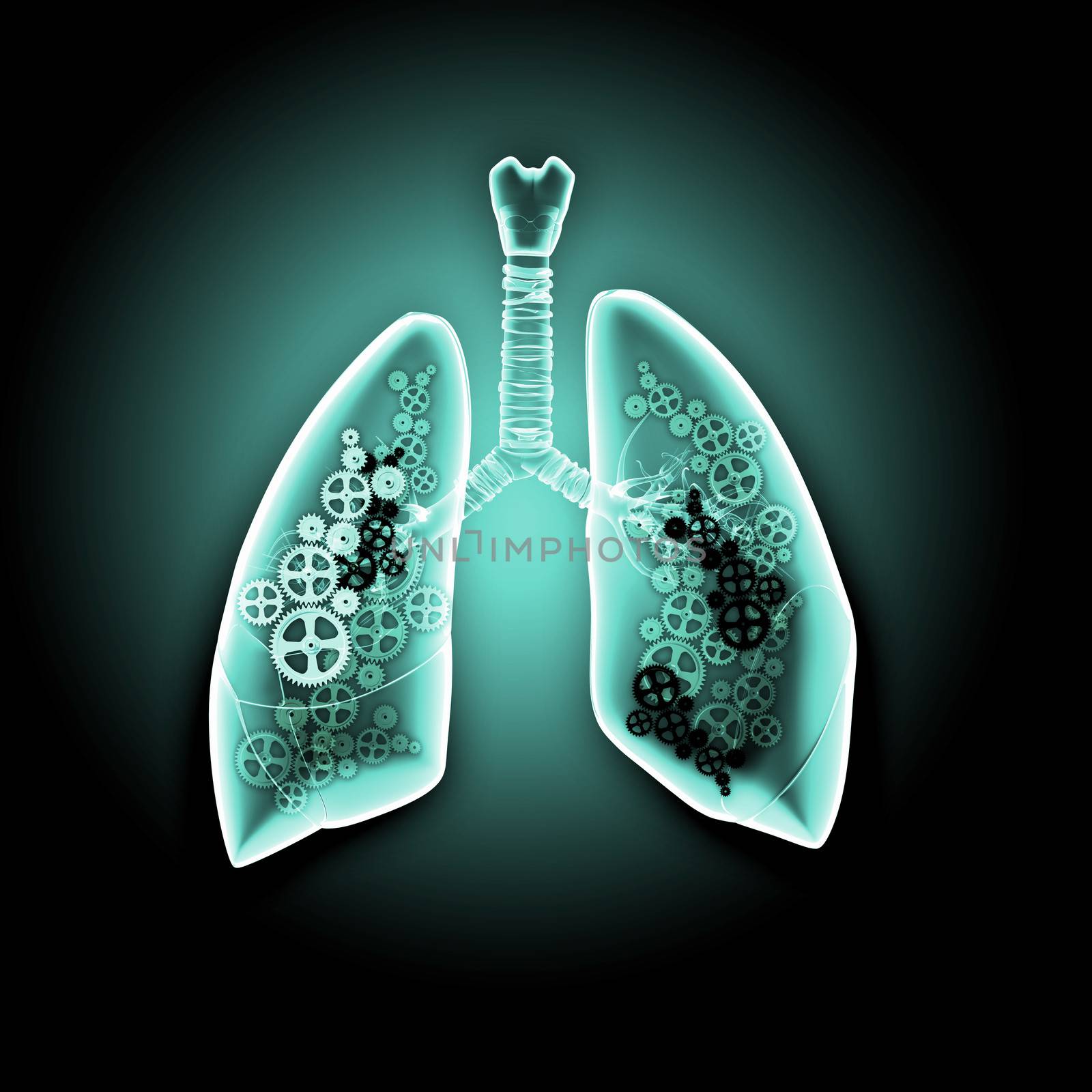 Illustration of human lungs with cog wheel mechanisms