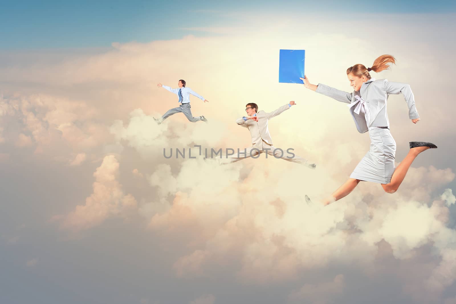 Image of businesspeople jumping high in sky