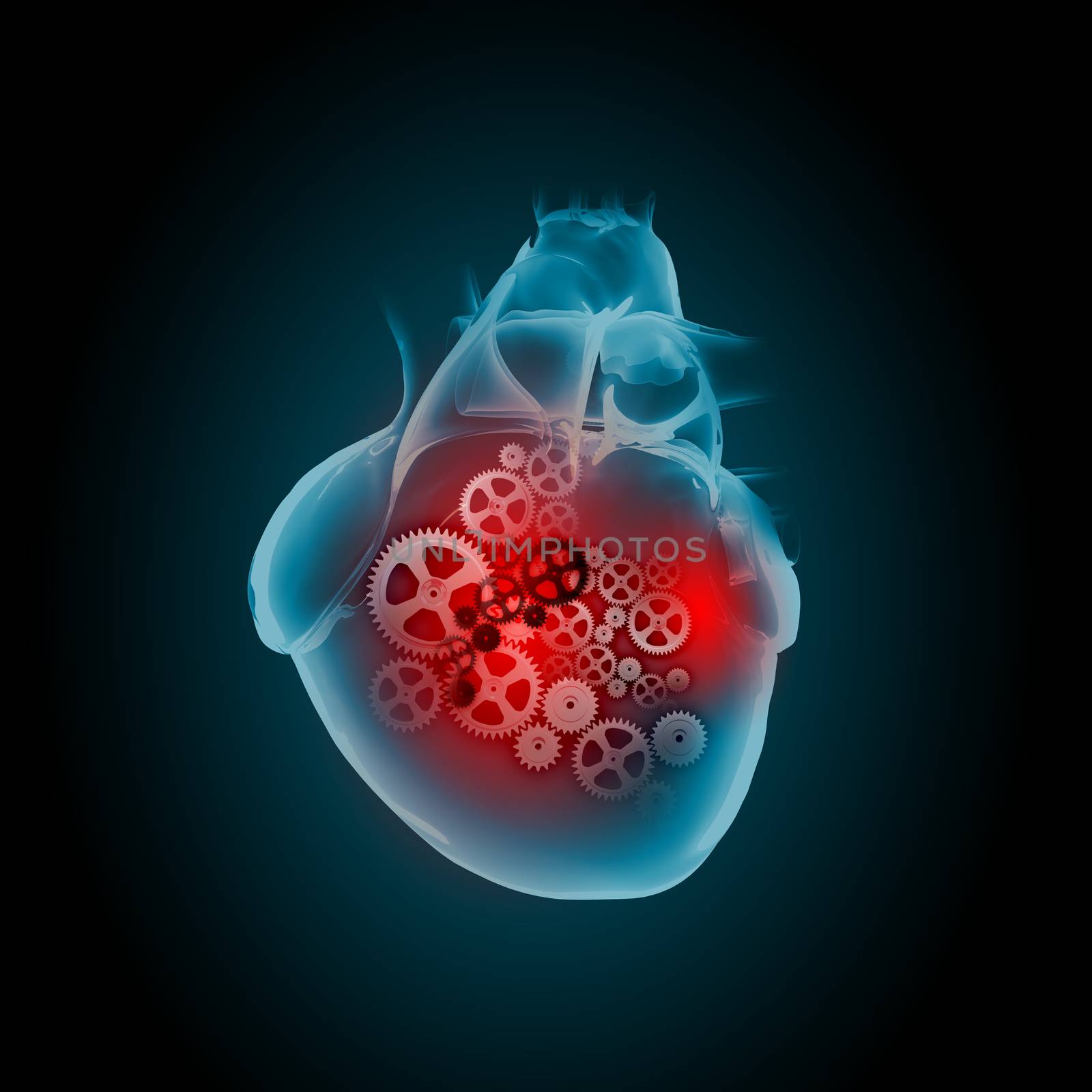 Human heart with cog and gear mechanisms against black background