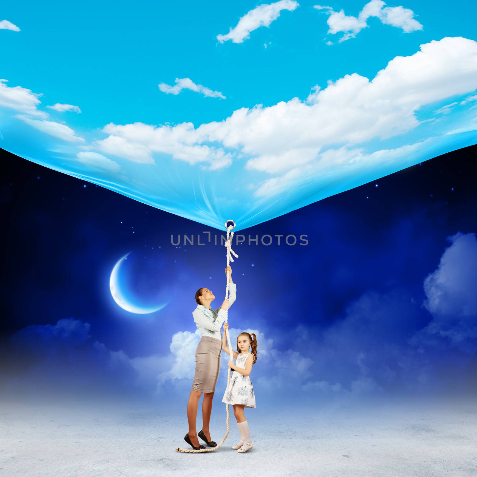 Image of young happy family pulling banner with night illustration