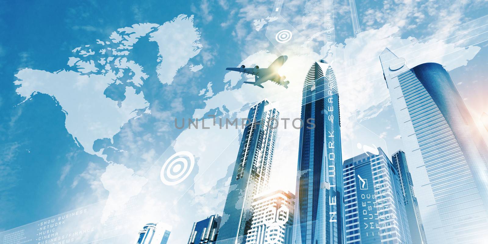 Plane flying above skyscrapers. Business travel concept