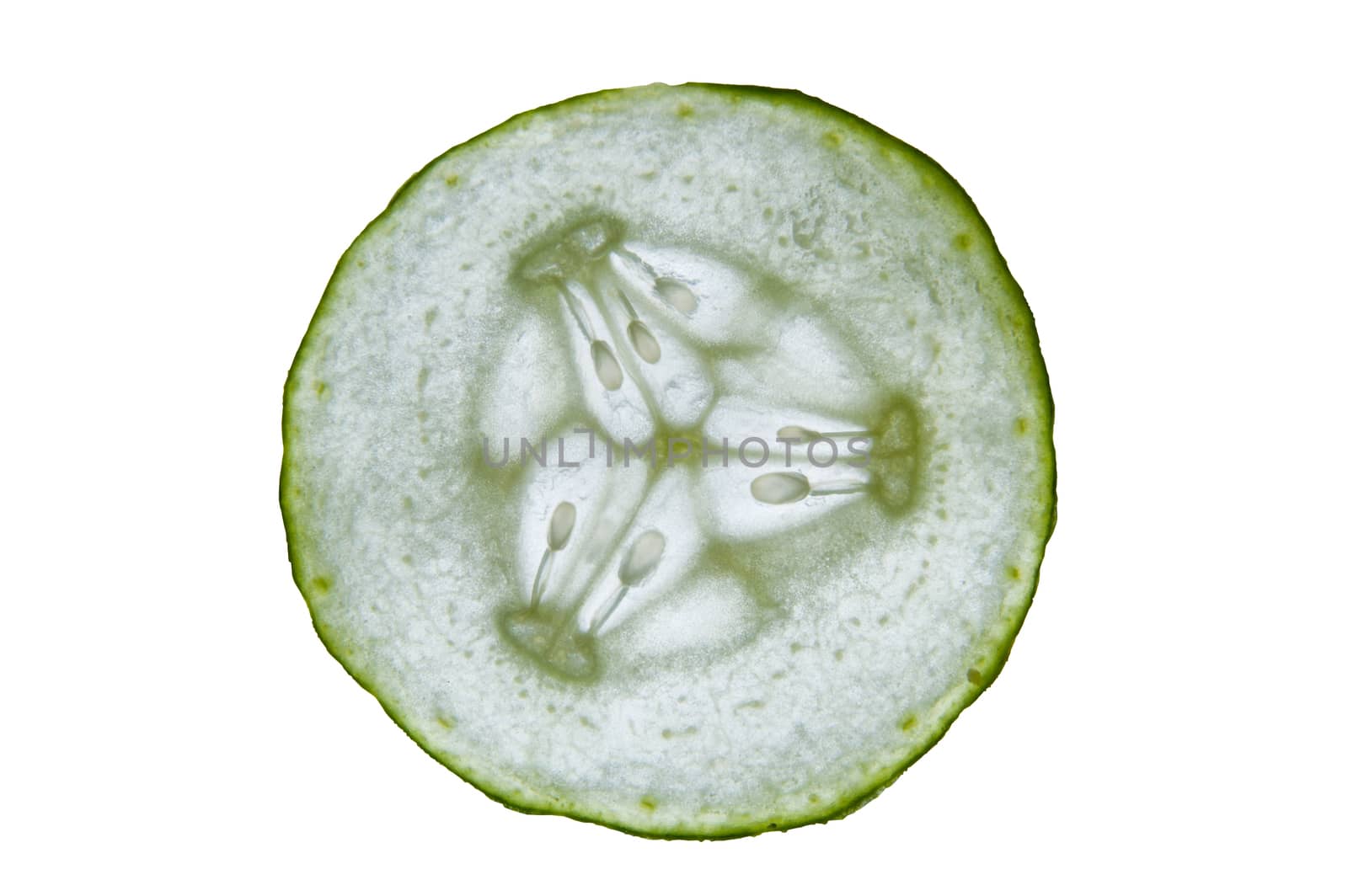 thin cucumber slices on the white background