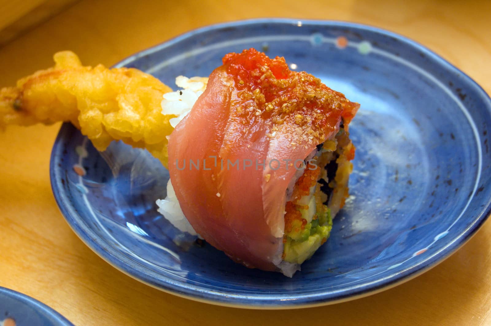 Seafood. Sushi and rolls on the blue dish