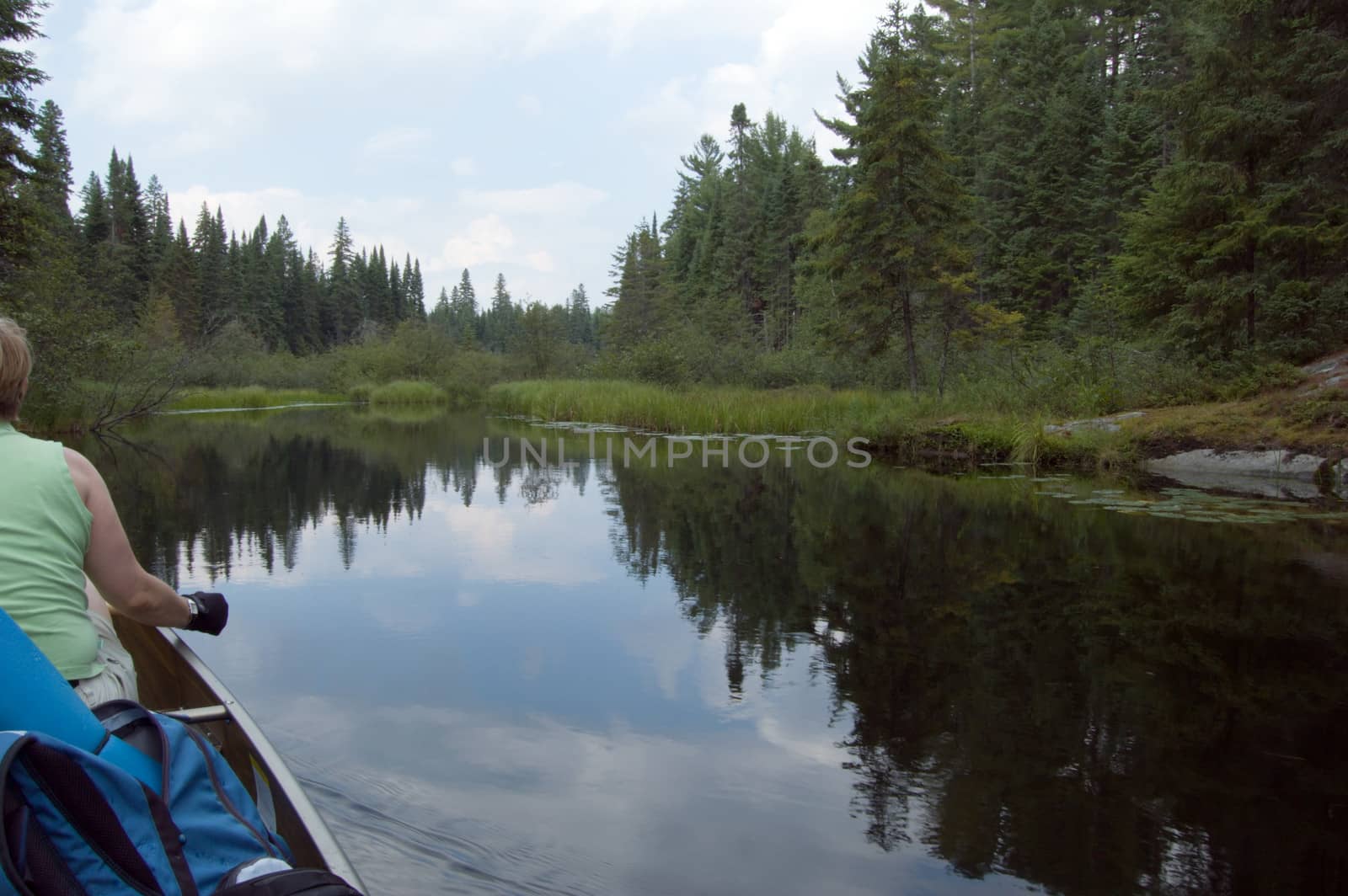 Canoe trip in calm lake in Algonquin Park