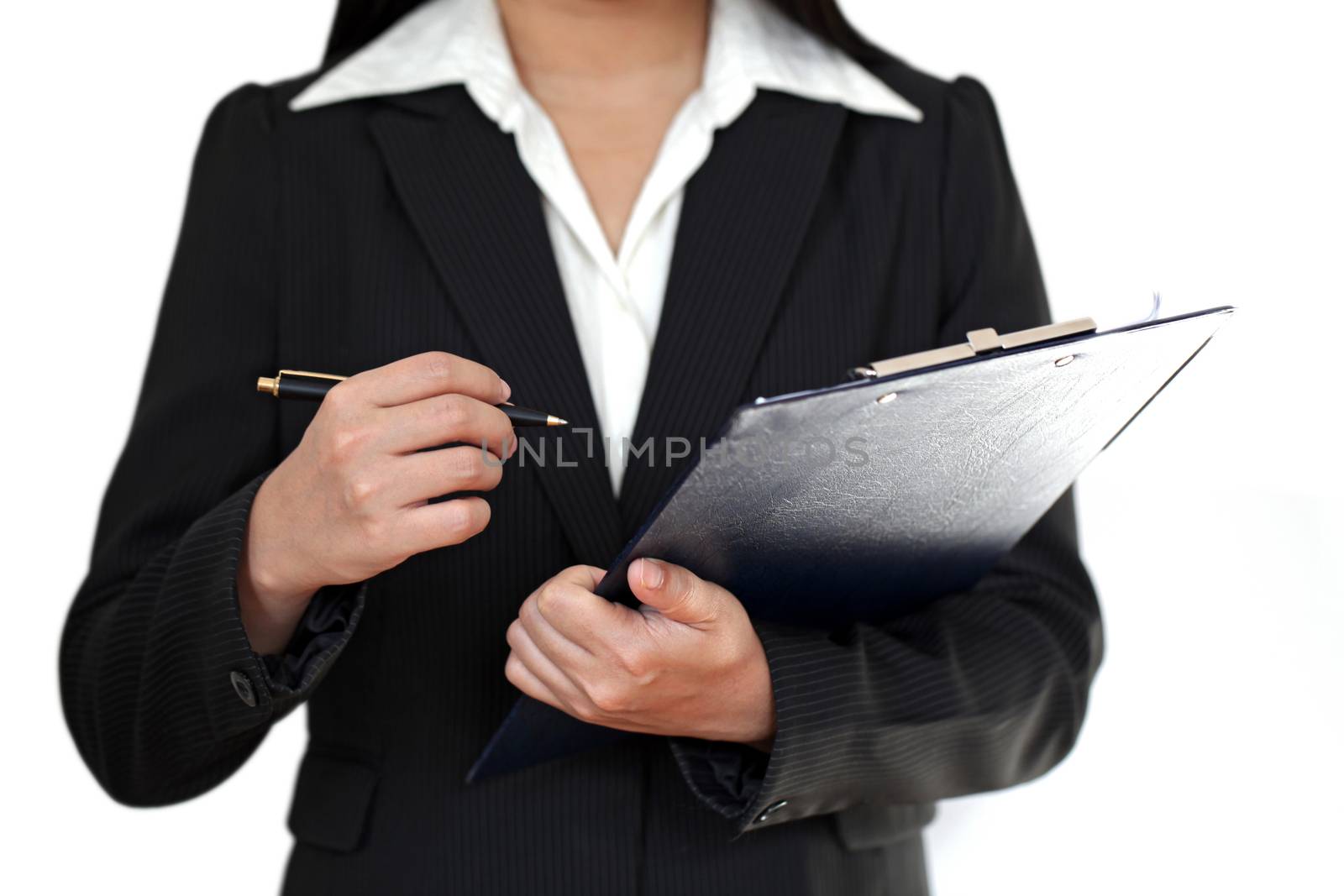 Businesswoman with clipboard and pen