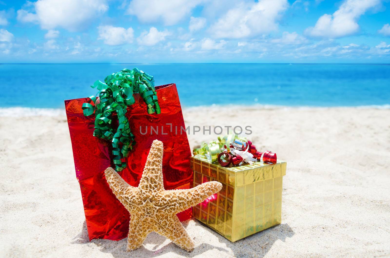 Starfish with gift box and bag on sandy beach in sunny day- holiday concept