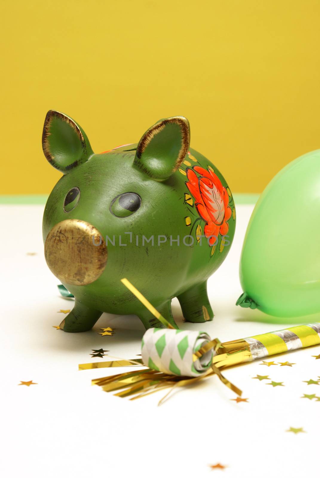 A pig bank celebrates his day off for the holiday.