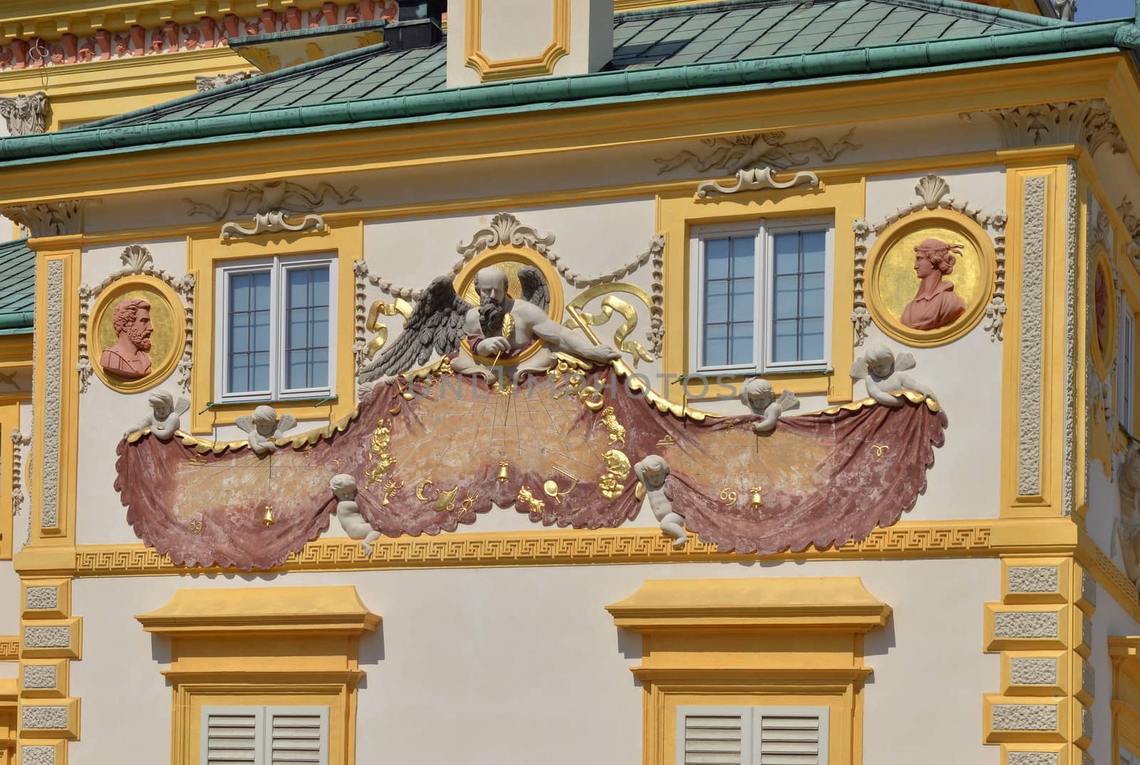 Baroque solar clock on the wall of Wilanow castle
