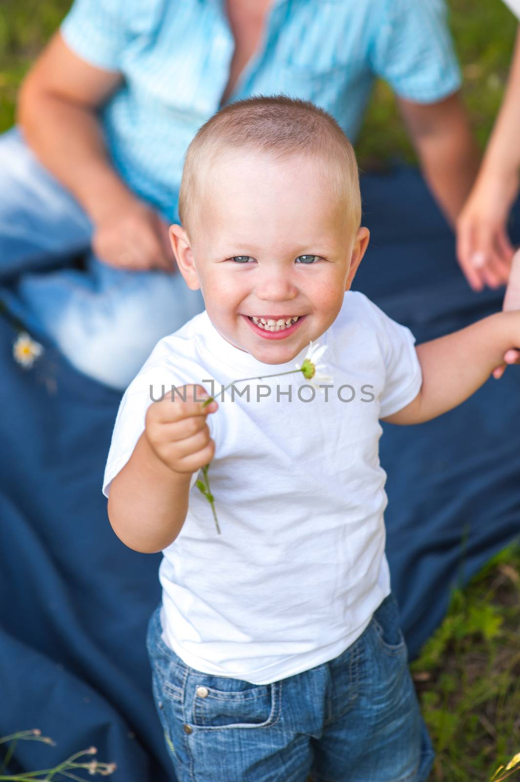 Little kid with camomile in his hand