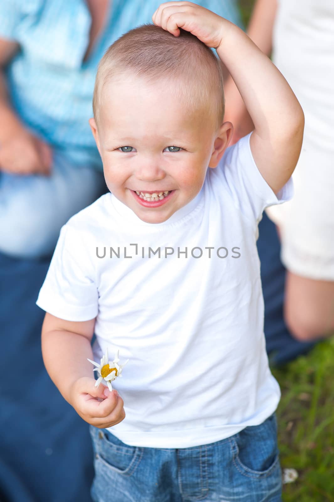 Little kid with camomile in his hand