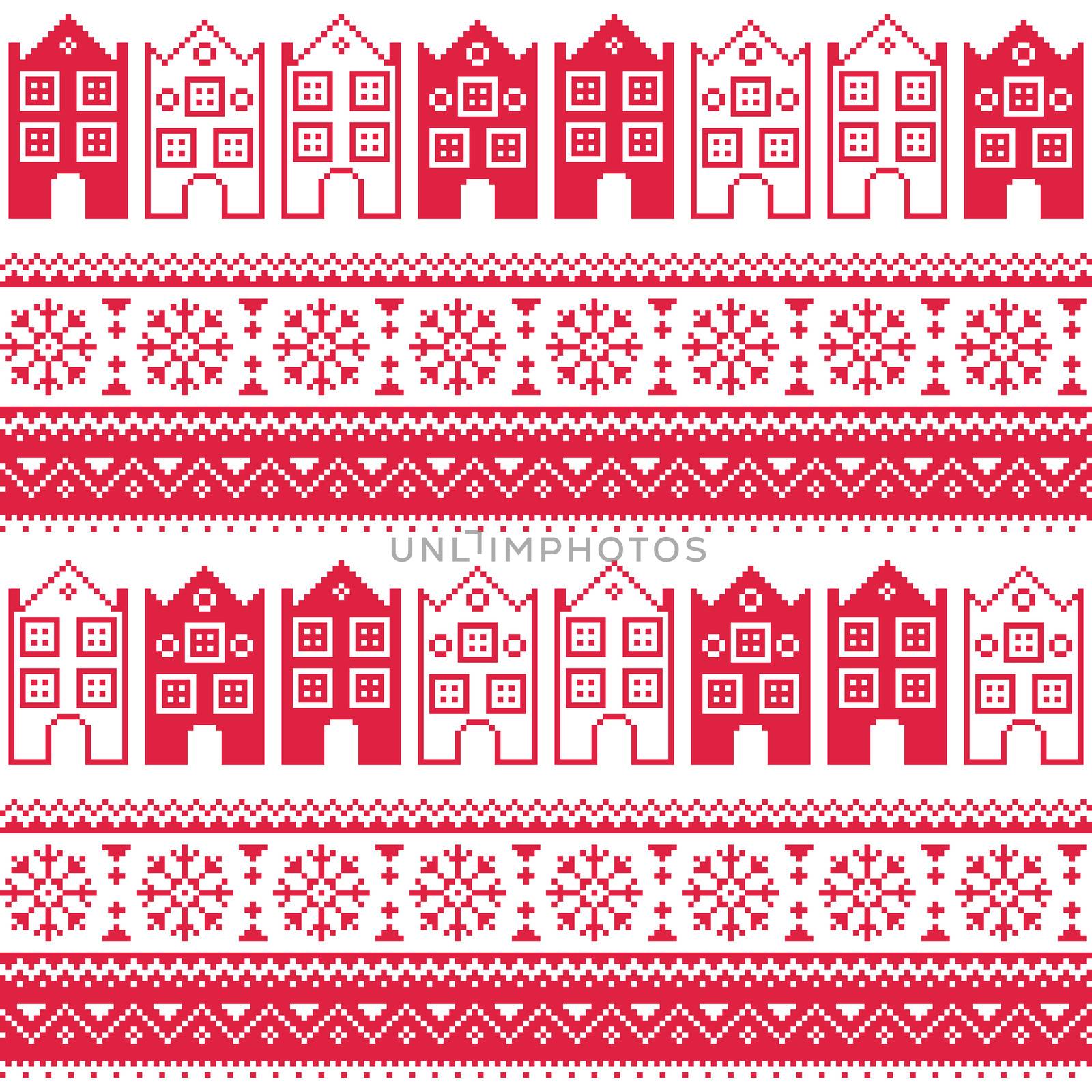 Christmas knitted seamless pattern with town houses, adn snowflakes by RedKoala