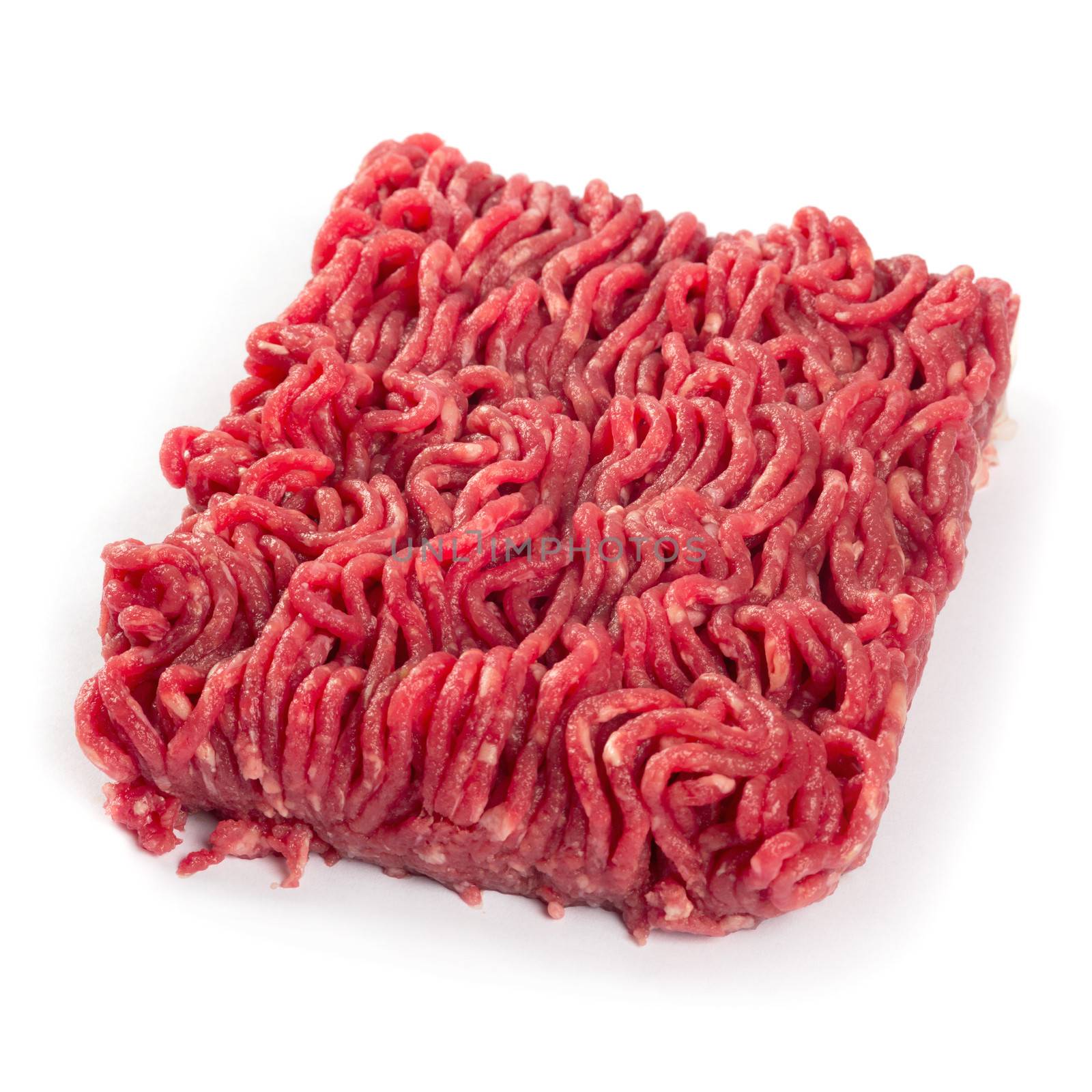 Photo of fresh ground beef on white background.
