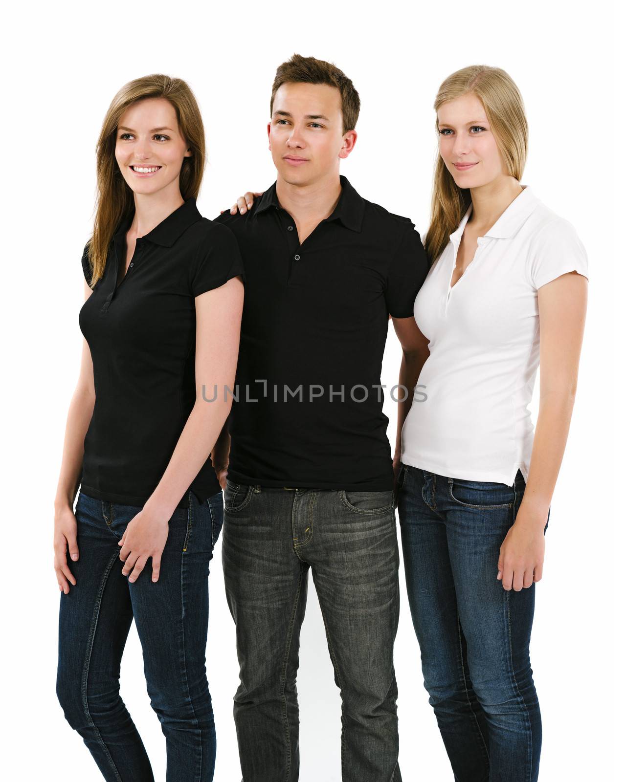 Photo of three young people, two females and one male, posing with a blank polo shirts.  Ready for your artwork or designs.