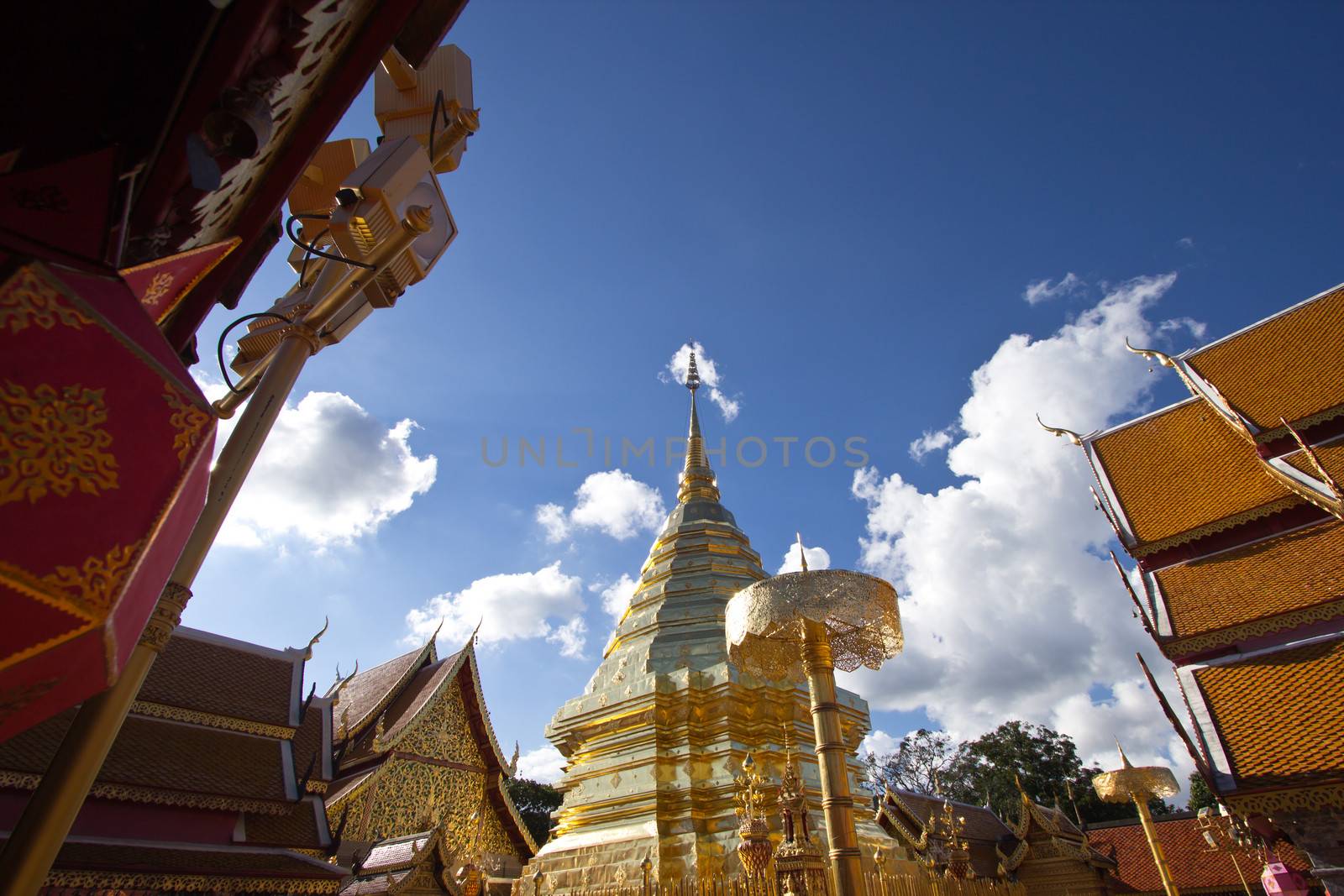 Golden sculpture and blue sky at Wat Phra That Doi Suthep