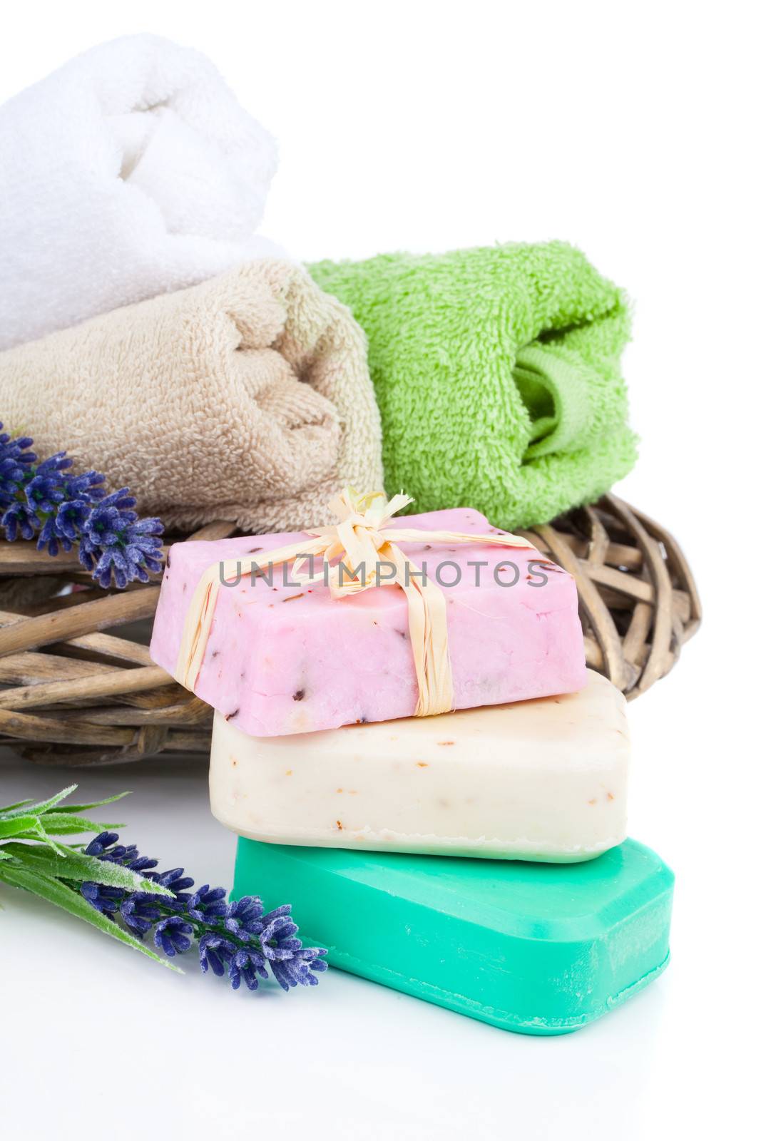 natural soap with lavender, on white background by motorolka