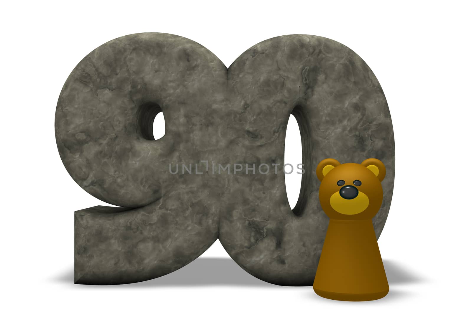 stone number ninety and brown bear - 3d illustration