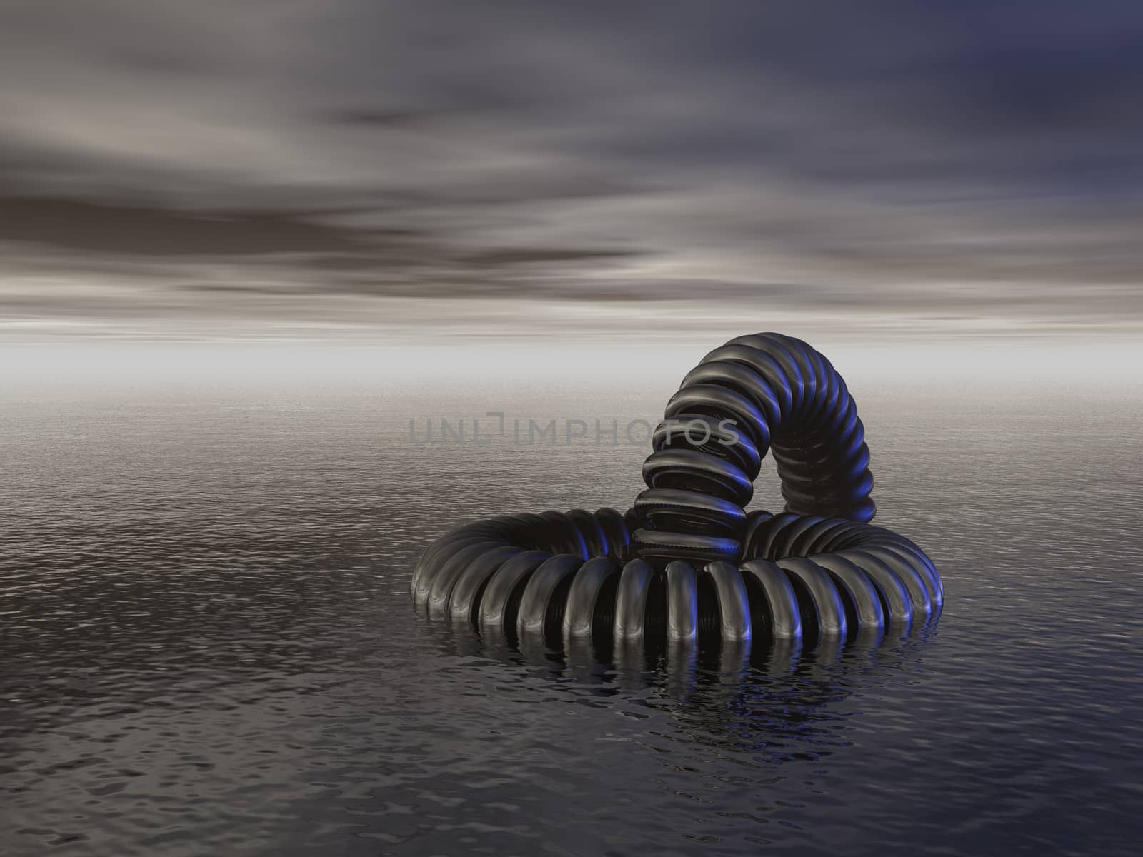 abstract metal rings construction at water - 3d illustration