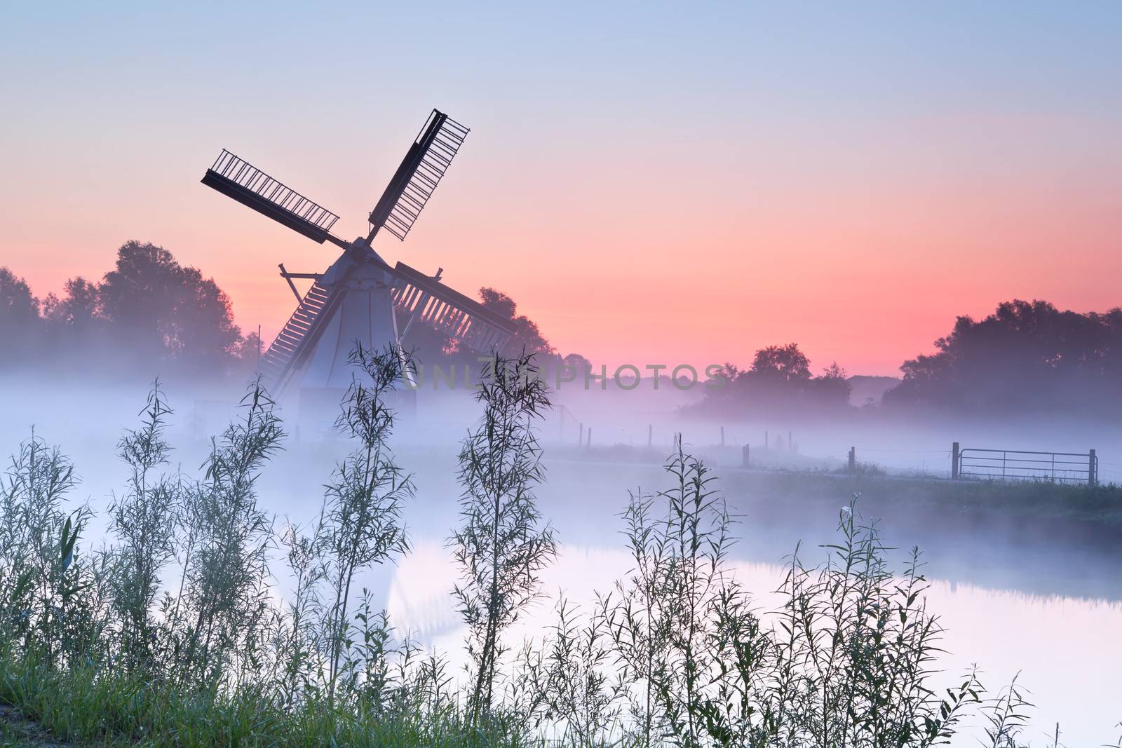 charming Dutch windmill in fog at sunrise