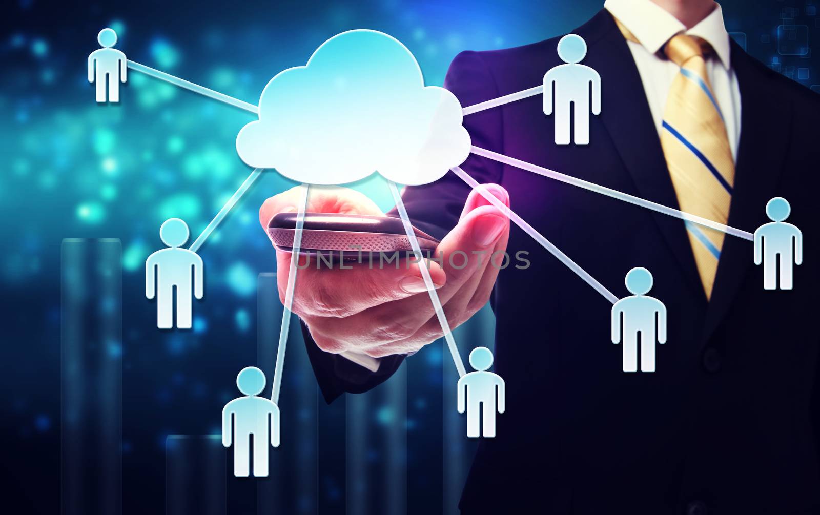 Business man with cloud computing connection concept on blue technology background
